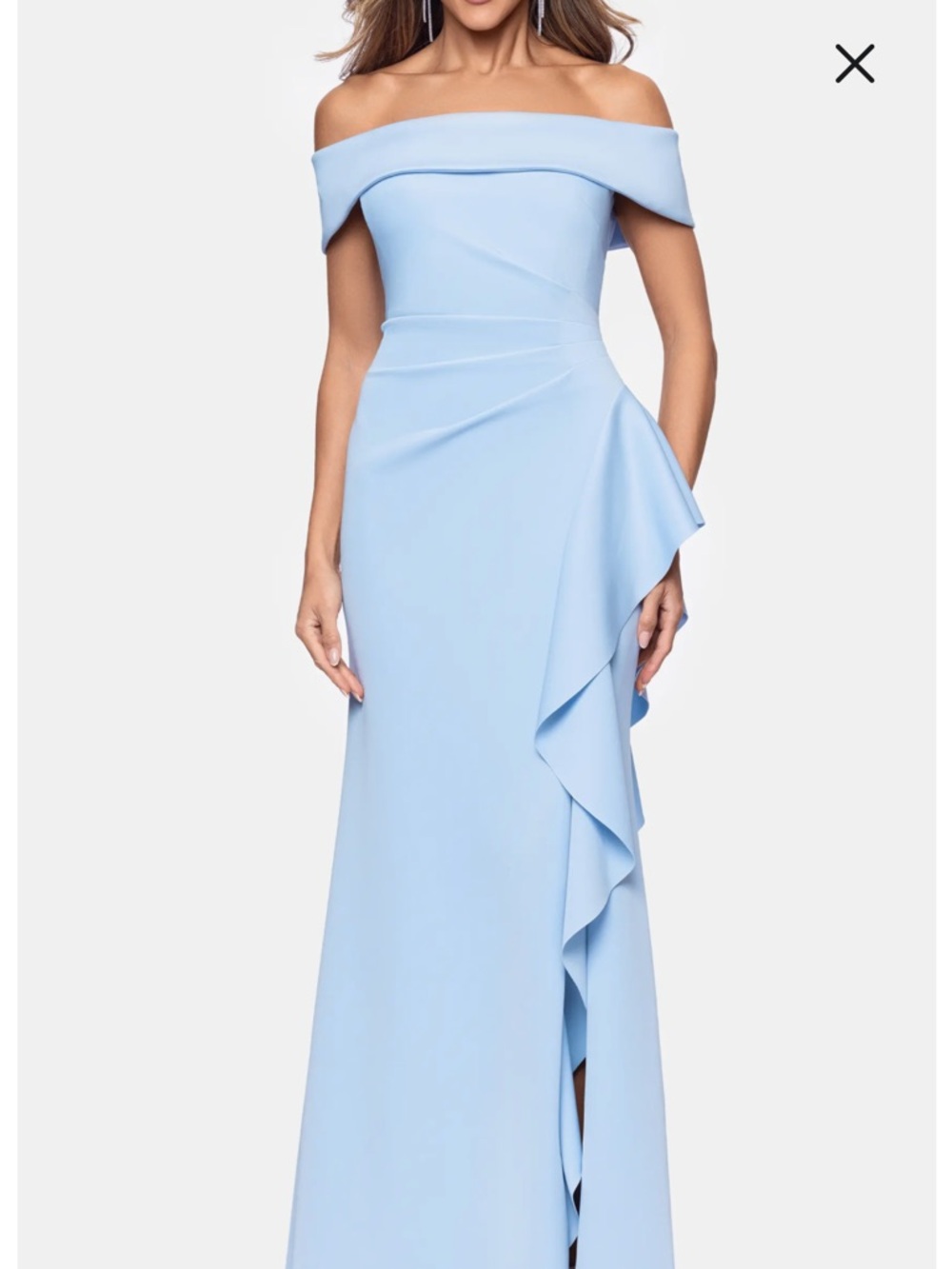 Xscape One-Shoulder Light Blue Ruffled Evening Gown